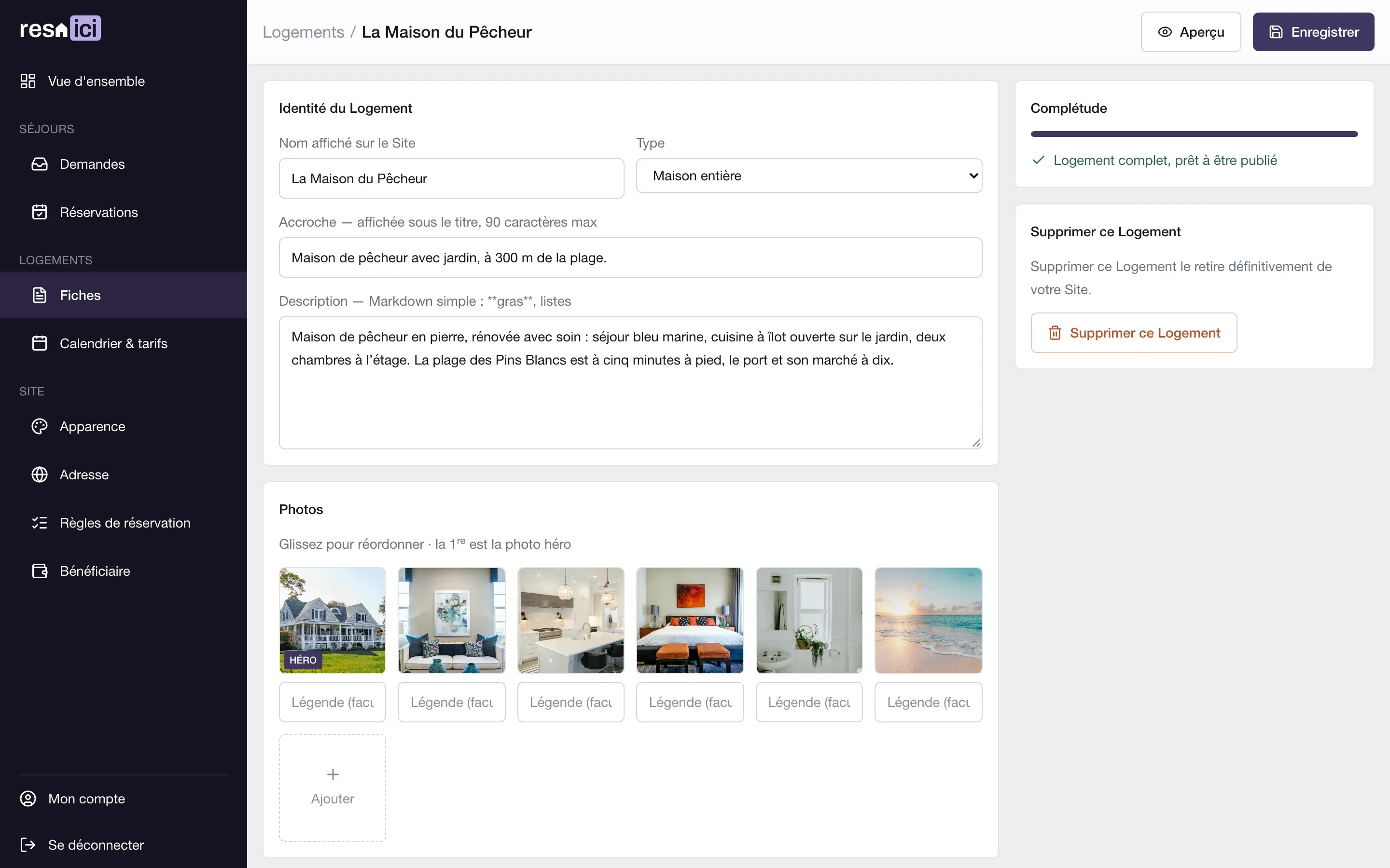 La fiche de La Maison du Pêcheur dans l'Espace loueur : nom, type, accroche et description du Logement, puis sa galerie de photos, la première servant de photo héro.