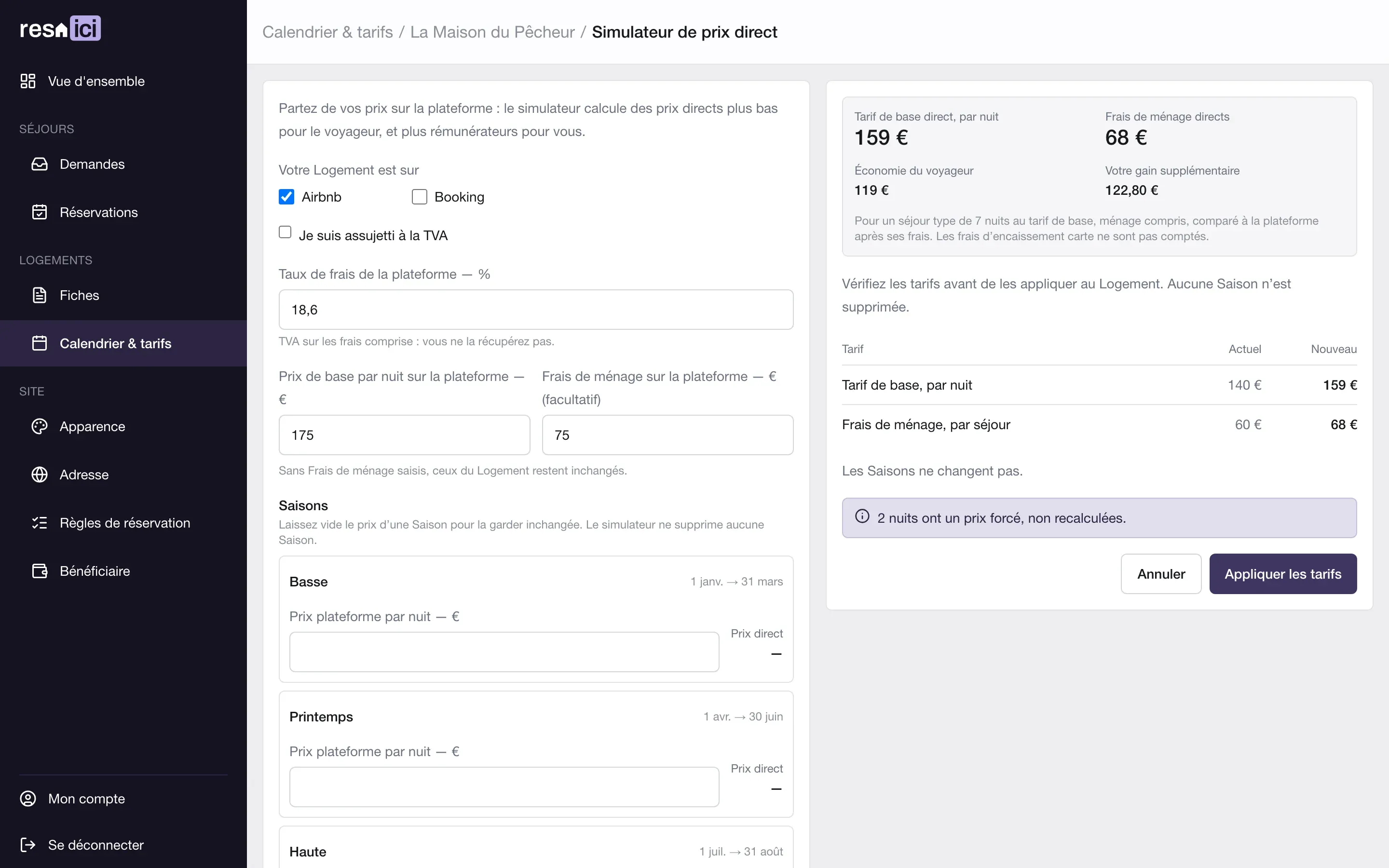 Le Simulateur de prix direct : à partir de 175 € la nuit sur Airbnb, il propose 159 € en direct, une économie pour le voyageur et un gain supplémentaire pour le loueur.