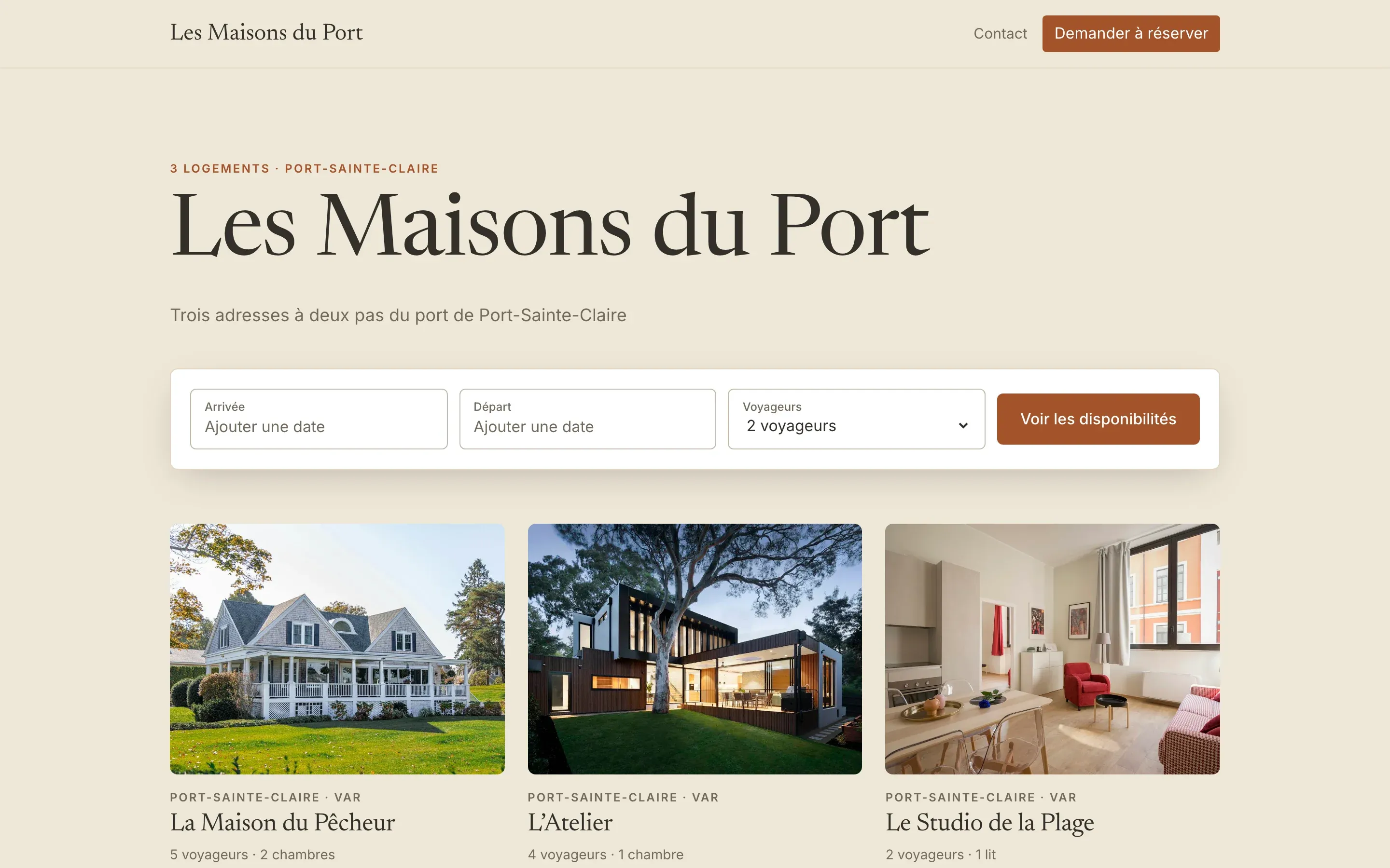 Le Site des Maisons du Port en ligne à son propre nom de domaine : recherche par dates et voyageurs, puis les fiches de ses logements avec leurs photos.